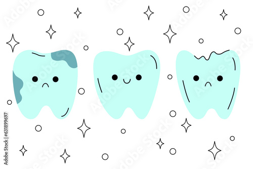 Cute little teeth characters. Use for kids medical centre, dentist, poster, card. Smiling and sad mascot for oral hygiene, dental treatment.