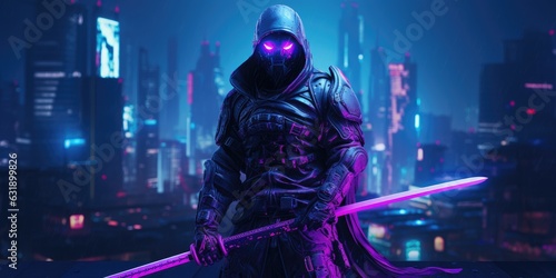 cyborg ninja katana neon purple blue cyberpunk 