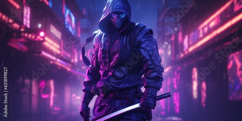 Fotótapéta cyborg ninja katana neon purple blue cyberpunk
