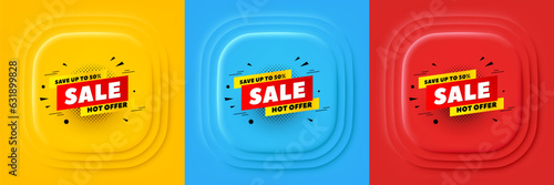 Sale 50 percent off banner. Neumorphic offer banner, flyer or poster. Discount sticker shape. Hot offer icon. Sale 50 percent promo event banner. 3d square buttons. Special deal coupon. Vector