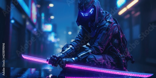 Fényképezés cyborg ninja katana neon purple blue cyberpunk