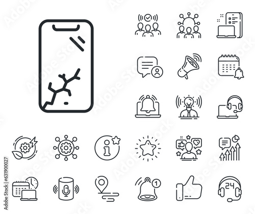 Phone crash sign. Place location, technology and smart speaker outline icons. Smartphone broken line icon. Mobile device crack symbol. Smartphone broken line sign. Vector