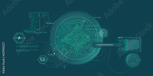 Futuristic geoscience HUD interface design with data decoding. photo