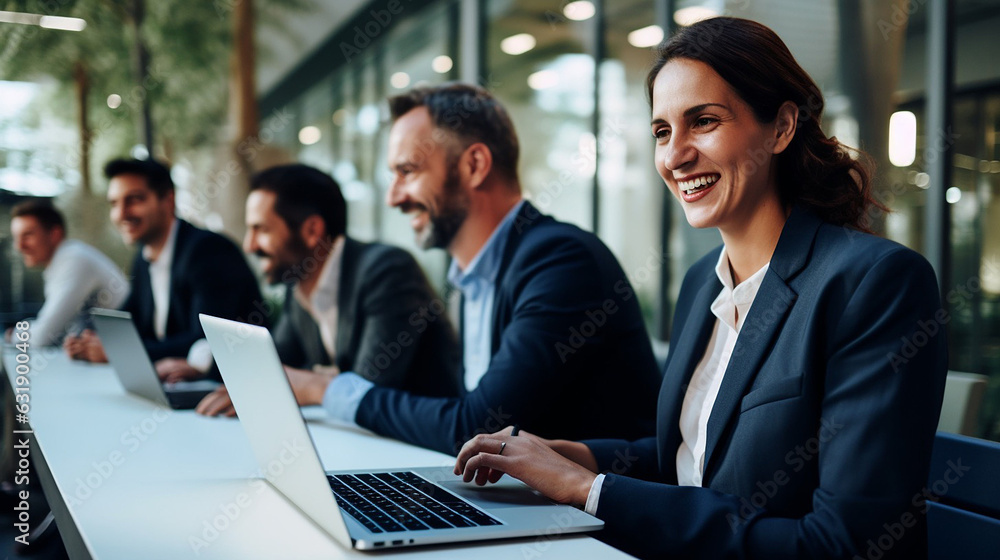 Cheerful Business Colleagues Watching a Presentation on a Laptop