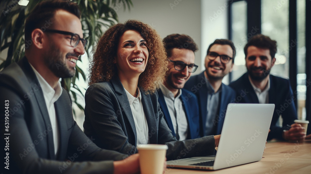 Cheerful Business Colleagues Watching a Presentation on a Laptop Cheerful Business Colleagues Watching a Presentation on a Laptop