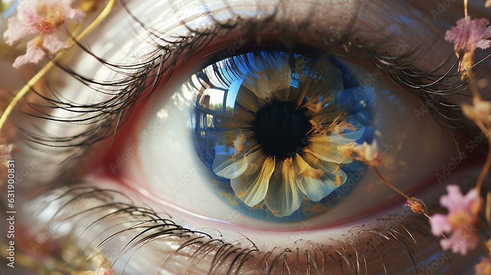 Close Up of an Eye. White Flower Reflection. Flower Eye. Generative AI.