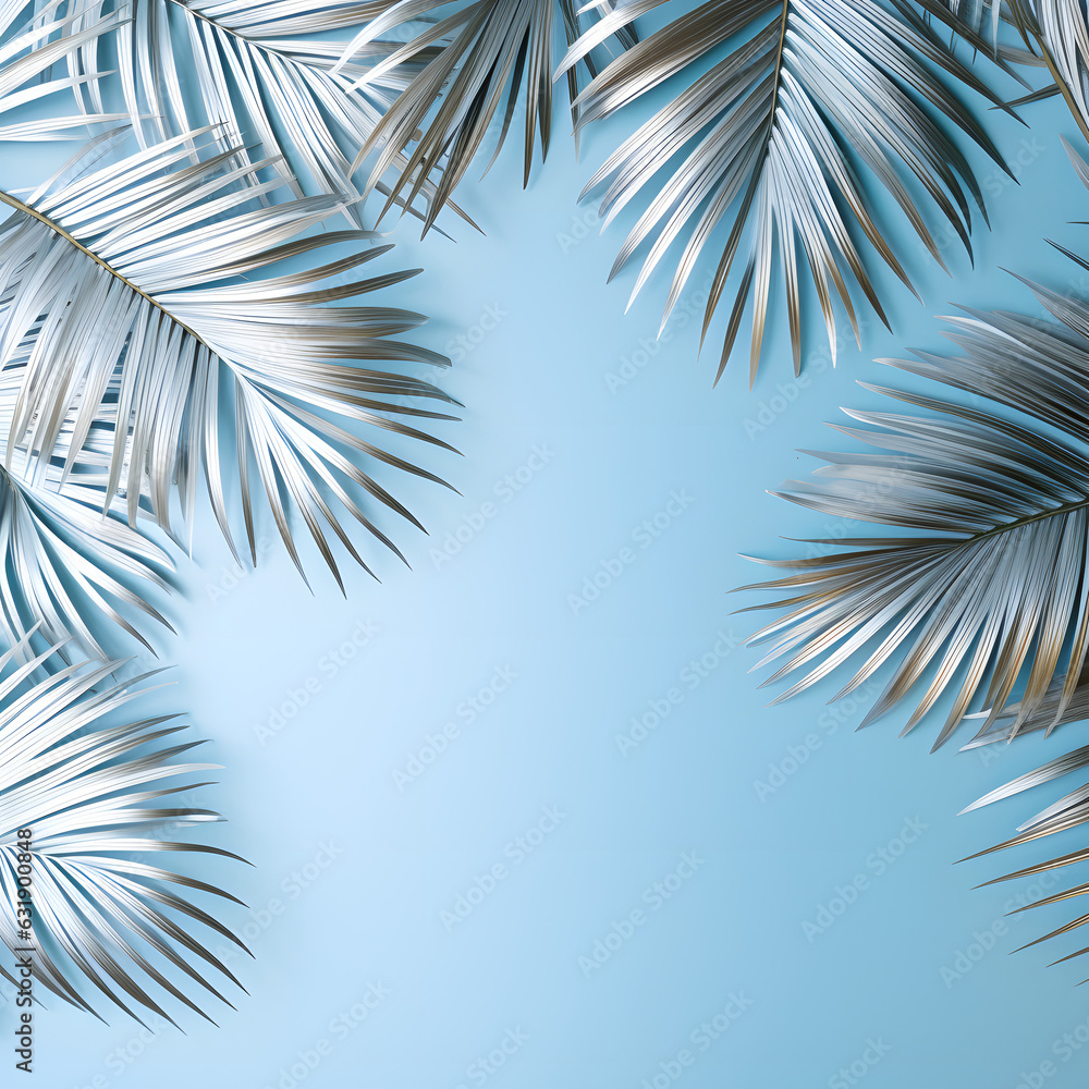 Fototapeta premium frame of silver palm branches on a pastel blue background. Minimal summer and sea concept