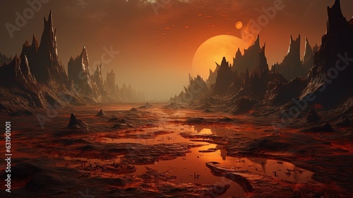 Undiscovered volcanic planet  landscapes of the planet Filled with volcanic wasteland.Created with Generative Ai technology.