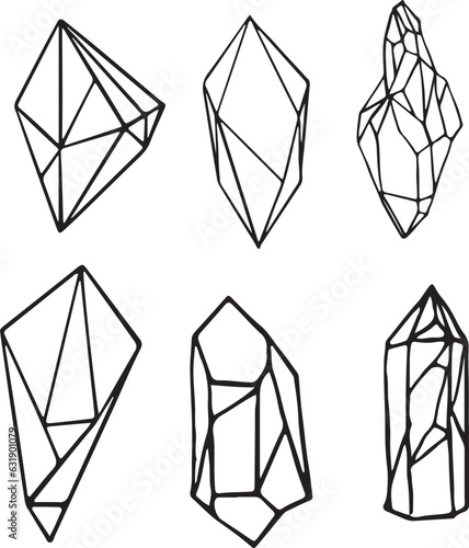 Vector illustration of crystals. Crystal line art vector. Vector of minerals. Simple crystal black outline symbol with vector reflection. Mineral linear icon collection includes diamond, emerald