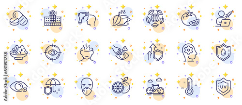 Outline set of Mint tea, Bike and Electronic thermometer line icons for web app. Include Improving safety, Salad, Hospital building pictogram icons. Eco organic, Thermometer. Vector
