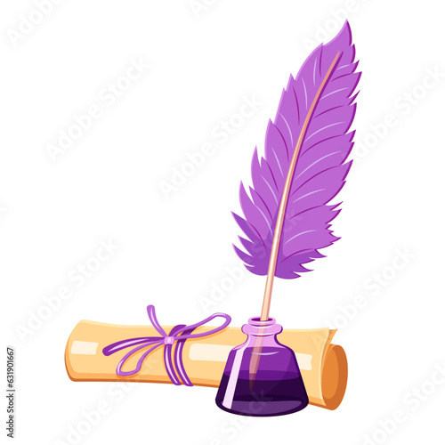 Scroll of old paper with an inkwell. Vector cartoon illustration of ancient writing objects. Papyrus with ink pen