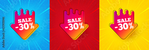 Sale 30 percent off sticker. Sunburst offer banner, flyer or poster. Discount banner shape. Coupon arrow icon. Sale 30 percent promo event banner. Starburst pop art coupon. Special deal. Vector