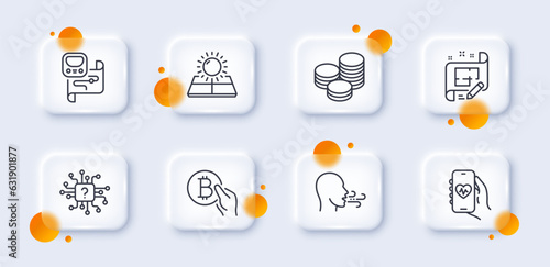 Architect plan, Sun energy and Metro map line icons pack. 3d glass buttons with blurred circles. Health app, Tips, Breathing exercise web icon. Artificial intelligence, Bitcoin pay pictogram. Vector