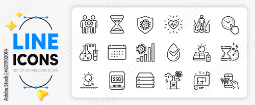 Architectural plan, Alcohol addiction and Dermatologically tested line icons set for app include Coronavirus, Time, Hourglass timer outline thin icon. Heartbeat, Sun protection. Vector