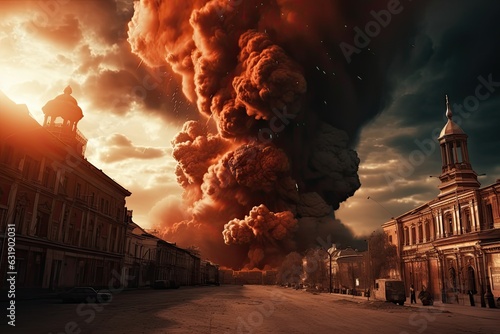 Nuclear explosion in Moscow. Bomb explosion on Red Square. Fall of Russia. A beautiful view of the sphere of burning Moscow. Fire mushroom.