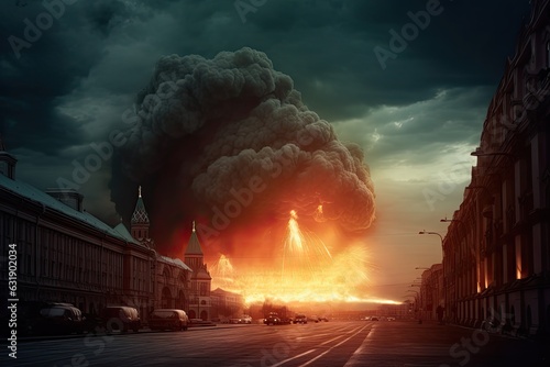 Nuclear explosion in Moscow. Bomb explosion on Red Square. Fall of Russia. A beautiful view of the sphere of burning Moscow. Fire mushroom.