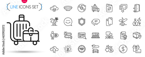 Pack of Door, Dish and Gift card line icons. Include Car charge, Card, Canister pictogram icons. Smartphone, Cogwheel, Smile face signs. Cloud computing, Smile, Engineering team. Vector