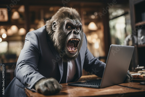 schimpfender, wütender Gorilla-Mensch Hybrid im Business Anzug vor dem Laptop bei der Arbeit im Büro / Home Office. Generative Ai. photo