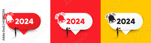 2024 year icon. Speech bubbles with bell and woman silhouette. Event schedule annual date. 2024 annum planner. 2024 chat speech message. Woman with megaphone. Vector