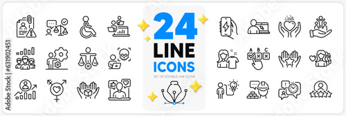 Icons set of Inclusion, Genders and Ranking line icons pack for app with Correct checkbox, Hold heart, Disability thin outline icon. Clean shirt, Build, Social media pictogram. Vector