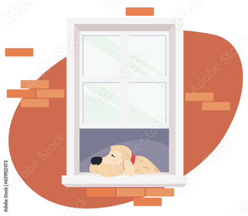Sad dog in window. Illustration for internet and mobile website.
