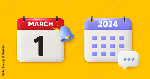 Calendar date 3d icon. 1st day of the month icon. Event schedule date. Meeting appointment time. 1st day of March month. Calendar event reminder date. Vector