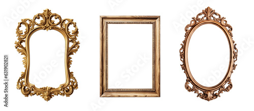 Golden and wooden frames on transparent background. Decorative elegant luxury design, frame set, collection, rococo style, png © innluga