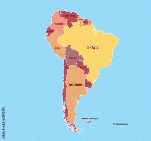 Vector map of South America with countries