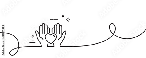 Hold heart line icon. Continuous one line with curl. Friends love sign. Friendship hand symbol. Hold heart single outline ribbon. Loop curve pattern. Vector