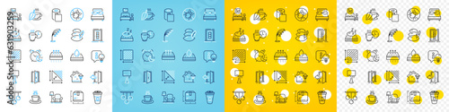 Vector icons set of Package size, Open door and Pillows line icons pack for web with Bed bugs, Triangle area, Mattress outline icon. Alarm, Square area, Floor lamp pictogram. Table lamp. Vector