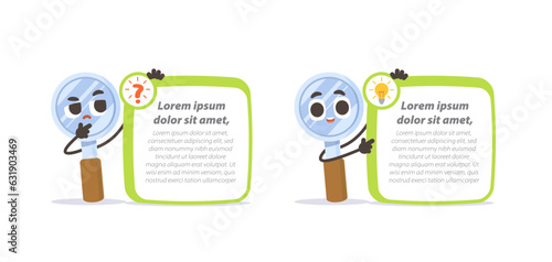 Magnifying glass character cartoon design with question and idea text box frame for message illustration vector. Education concept.