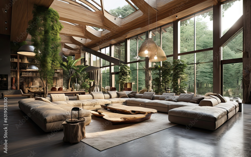 Fototapeta premium Beautiful interior of a Scandinavian house, with wooden decor elements. Large cozy sofa, rug, wooden table and panoramic windows that show the forest surrounding the house.