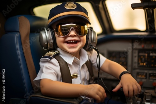 Cheerful child dressed as an airplane pilot in the cockpit of an airliner.