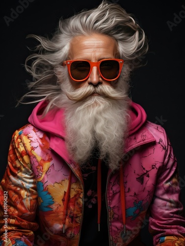 eccentric mature man in bright colored cloths, generative ai