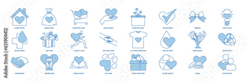 Charity, Kindness, Donation icon set, Included icons as Donation Box, Handshake, Volunteer and more symbols collection, logo isolated vector illustration