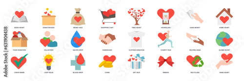 Charity, Kindness, Donation icon set, Included icons as Donation Box, Handshake, Volunteer and more symbols collection, logo isolated vector illustration