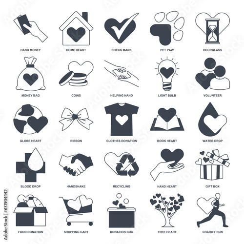 Charity, Kindness, Donation icon set, Included icons as Donation Box, Handshake, Volunteer and more symbols collection, logo isolated vector illustration