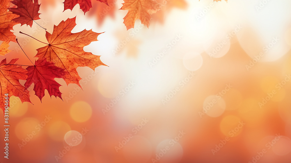 maple leaves on abstract blurred background with bokeh copy space, light bright autumn background for text
