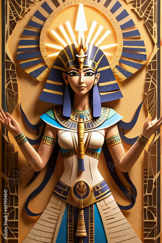 Portrait of the Egyptian princess in gold jewelry. Queen Cleopatra. egypt goddess paper art, paper cut style.