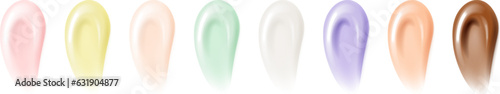 Color correcting concealer. Purple, green, pink and yellow dd face cream gel texture. Lotion smear to neutralize unwanted tones. Cosmetic beauty 3d skincare showcase.