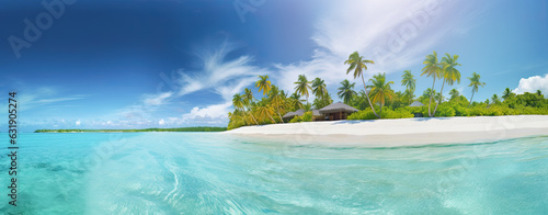 playa paradisiaca de arena blanca con cielo azul y palmeras. ILUSTRACION DE IA GENERATIVA