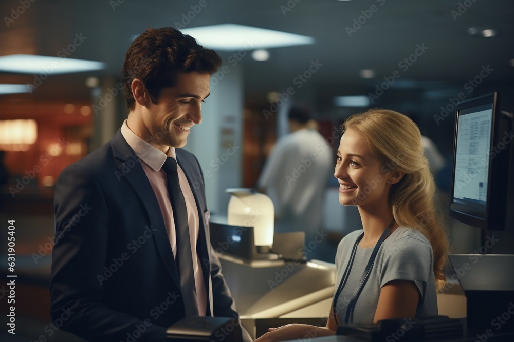 Man Talking to Female Receptionist at Hospital.