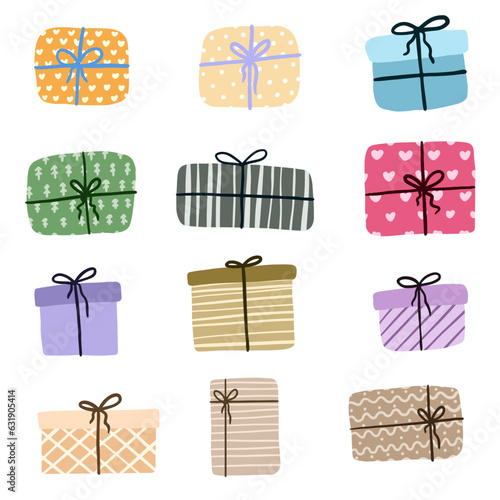 Gift box cartoon set icon. Christmas gifts, New Year presents. Holiday presents wrapped in festive paper wrapping, decorated with ribbon bows, strings and twines.