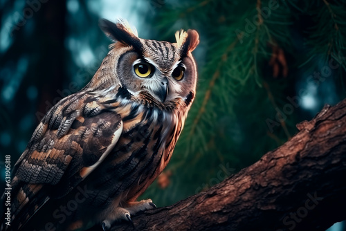 A beautiful owl on a branch in the middle of the night forest