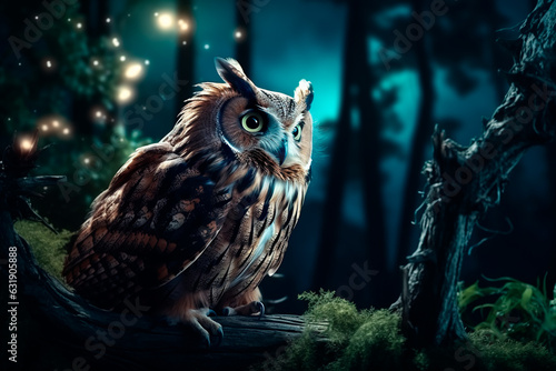 A beautiful owl on a branch in the middle of the night forest © Uliana
