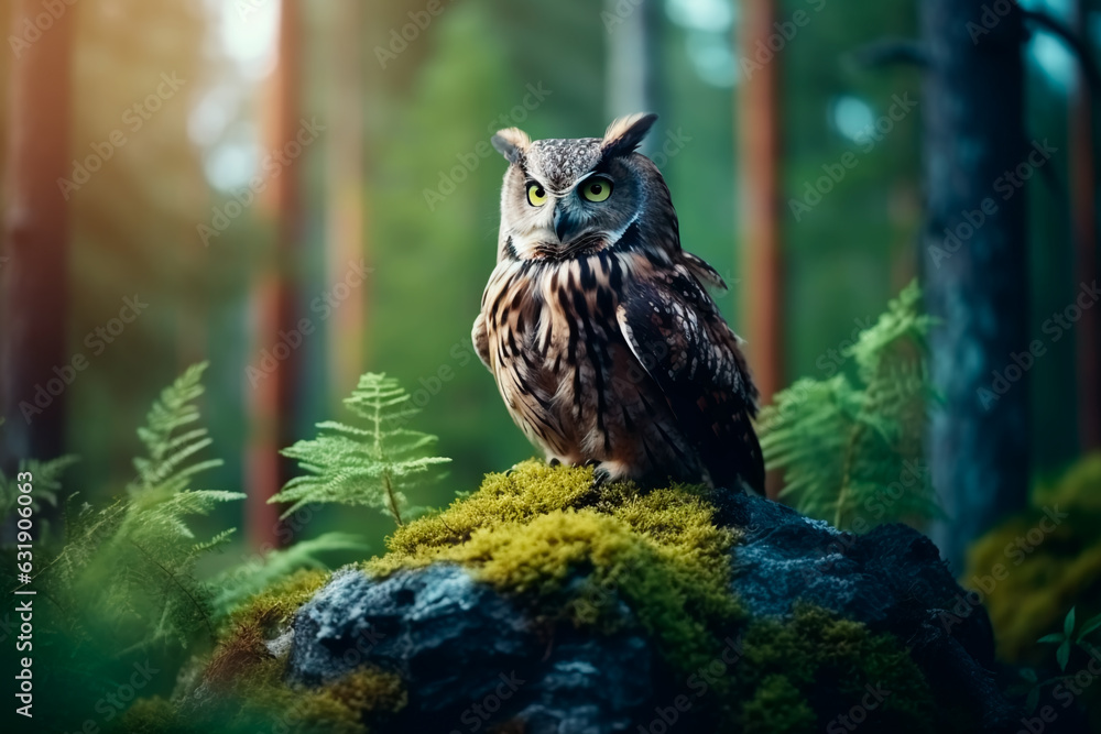 A beautiful owl on a branch in the middle of the forest A beautiful owl on a branch in the middle of the forest