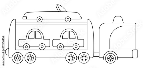 Vector black and white car carrier car. Funny line automobile for kids. Cute vehicle clip art. Retro lorry transport icon or coloring page isolated on white background. Transporter or truck picture.