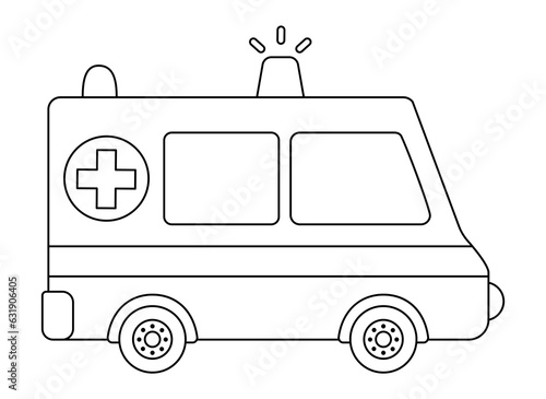 Vector black and white ambulance car. Funny line emergency transportation for kids. Cute hospital vehicle clip art. Special transport icon or coloring page isolated on white background.