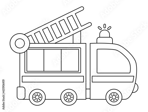 Vector black and white fire engine truck. Funny line transportation for kids. Cute vehicle. Special transport icon or coloring page isolated on white background.