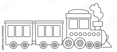 Vector black and white steam train. Funny line locomotive or engine with yellow wagons for kids. Cute vehicle clip art. Public transport icon or coloring page isolated on white background.